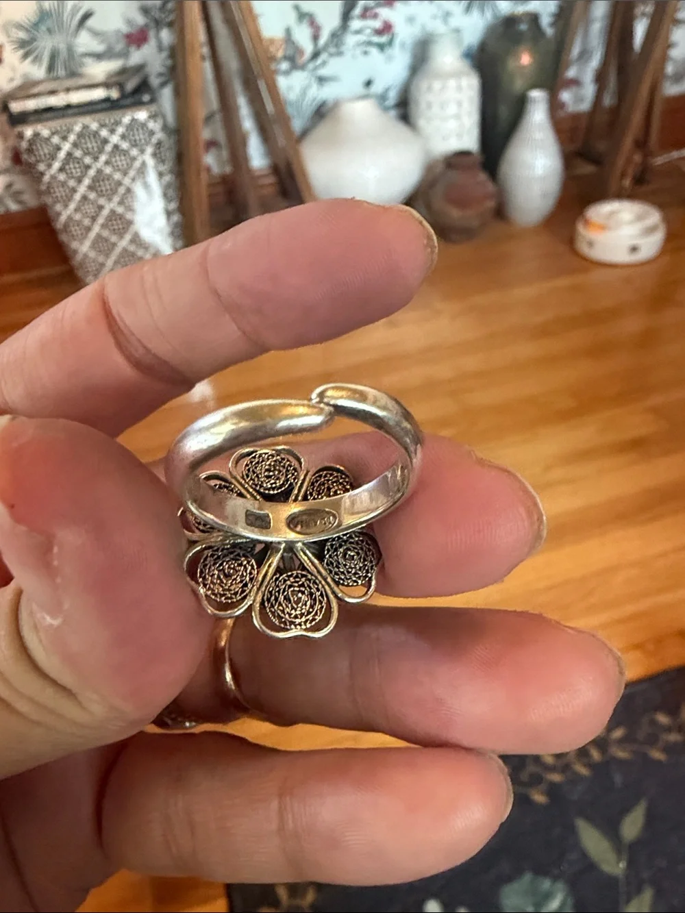 Vintage Sterling Silver Filigree Flower Ring Adjustable Stamped 925